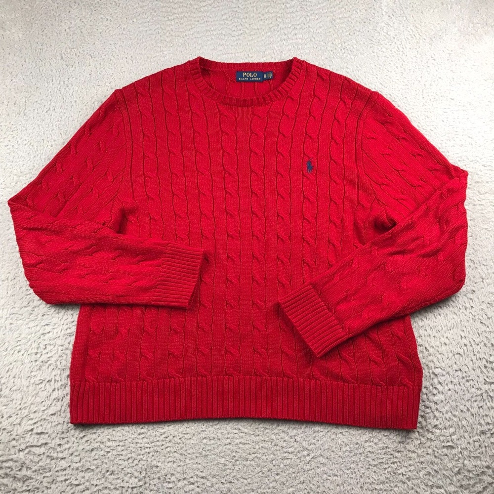 Polo Ralph Lauren Sweater Mens XL Red Cable Knit Cotton‎ Crew Navy Pony Pullover